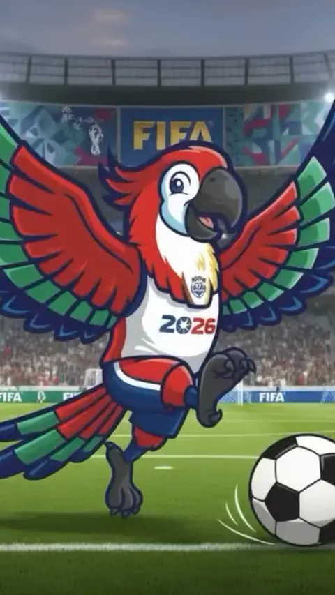 The Macaworks macaw mascot with a soccer ball